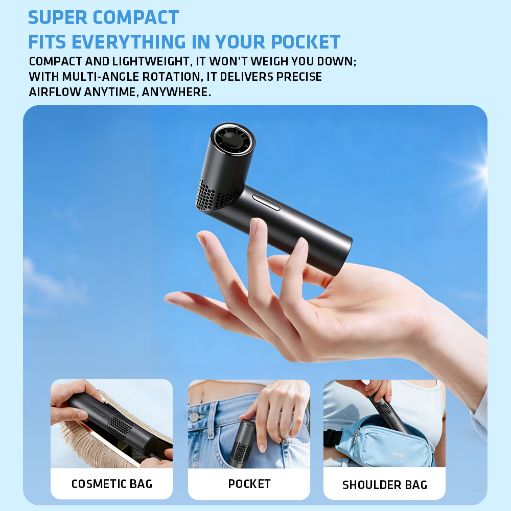 EHL Foldable Handheld Fan, 90° Adjustable Portable Fan with LED Wind Speed Display, Mini Turbo Personal Fan for Office Travel Camping, Rechargeable Desk Fan